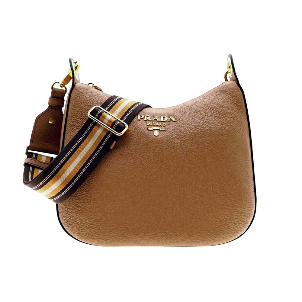 Prada Vitello Phenix Caramel Brown Leather Web Stripe Crossbody - Picture 1 of 5